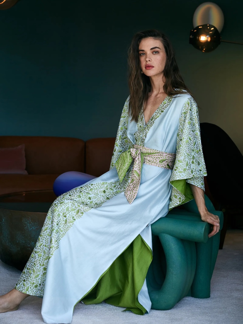 SUE SARTOR SS Kaftan | Robins Egg Blue/Chartreuse